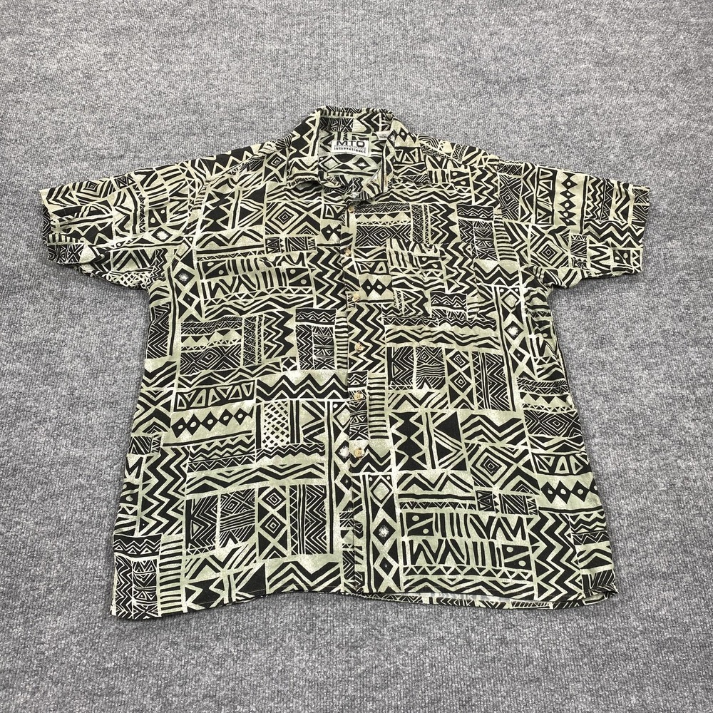 MTO International Shirt Mens Large Black Tribal Hawaiian Rayon Short Sleeve